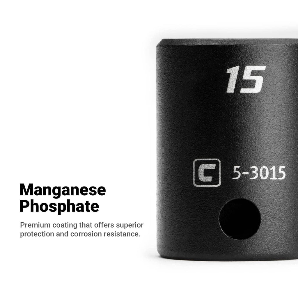 15 mm impact socket, black steel with side marking and central square hole