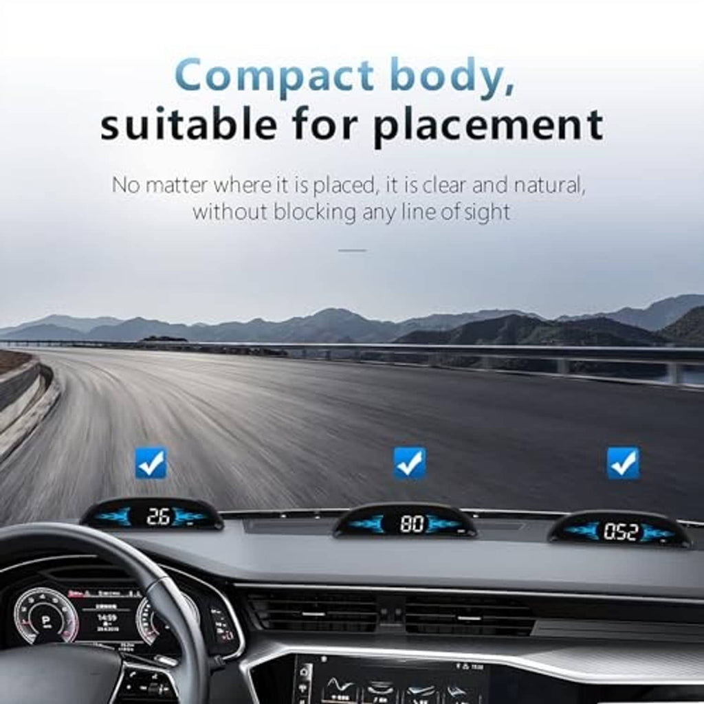 Compact OBD HUD gauge dashboard placement with bright blue digits on curved screen
