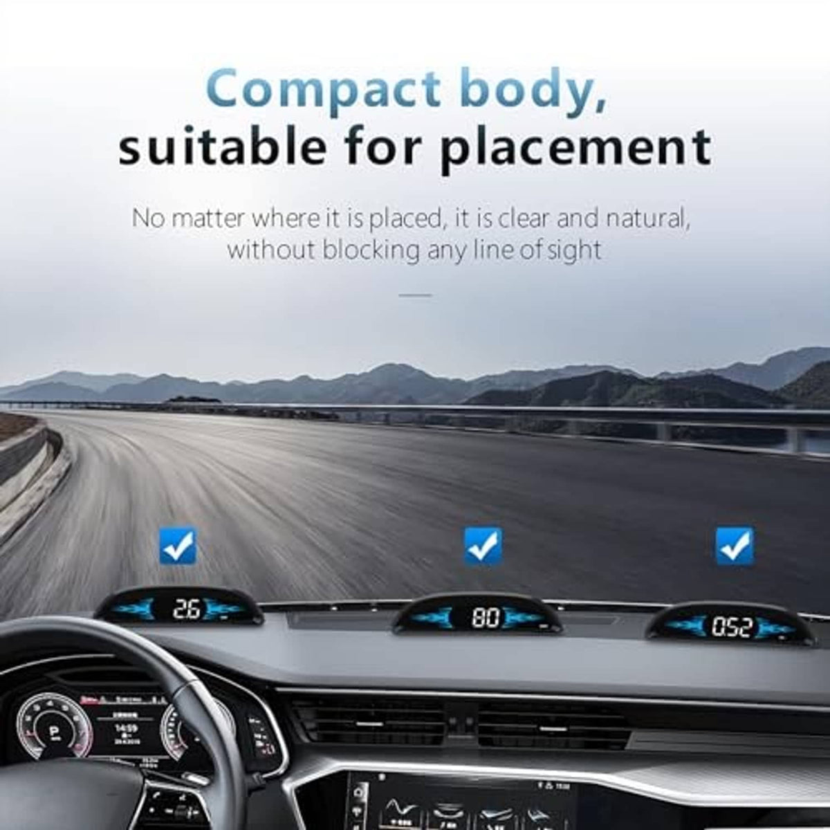 Compact OBD HUD gauge dashboard placement with bright blue digits on curved screen