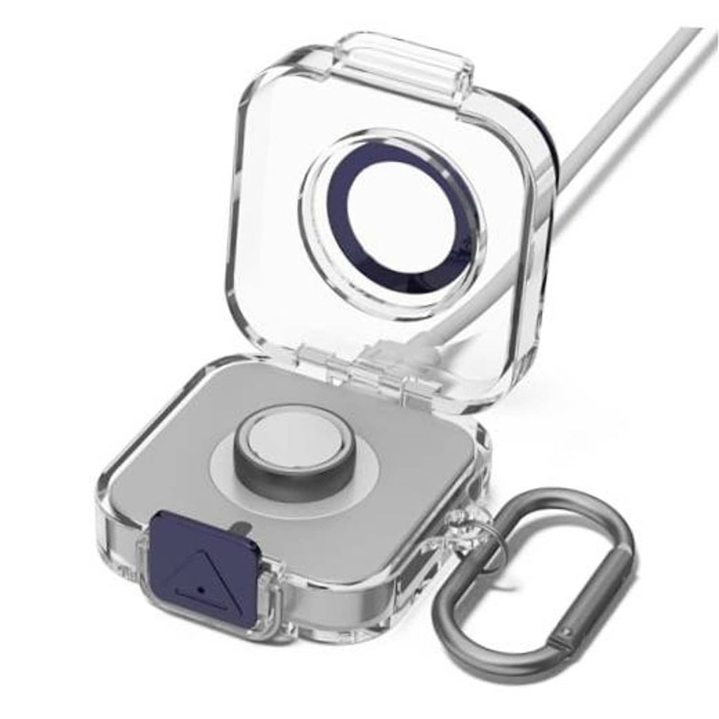 Clear protective case with gray charger base, blue lock tab, and keychain carabiner