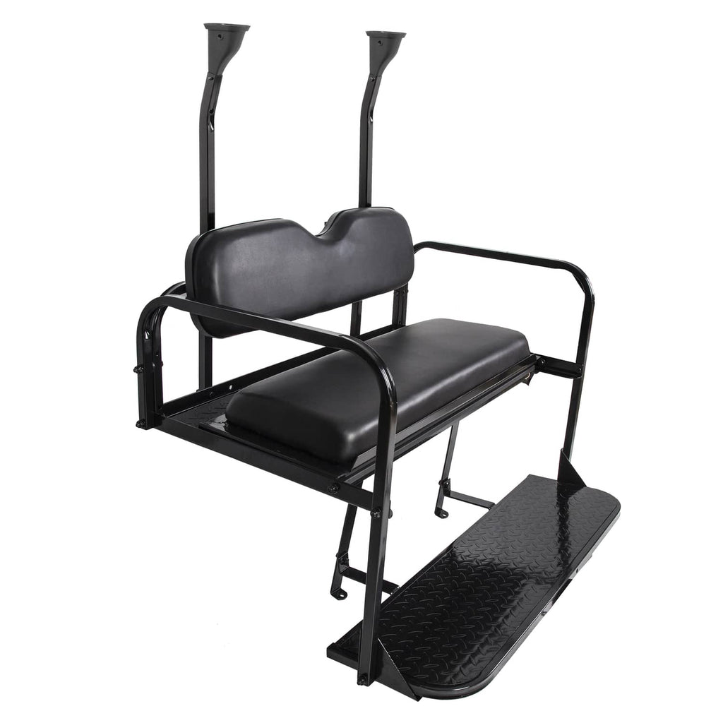 Black flip rear golf cart seat angled view with step platform and curved arm supports