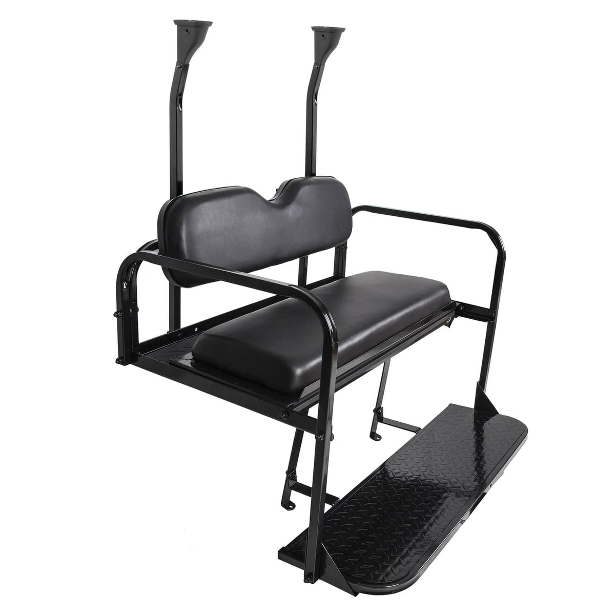 Black flip rear golf cart seat angled view with step platform and curved arm supports