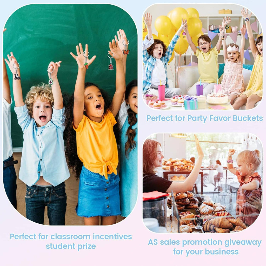 Colorful charm keychains used by kids for classroom and party favors