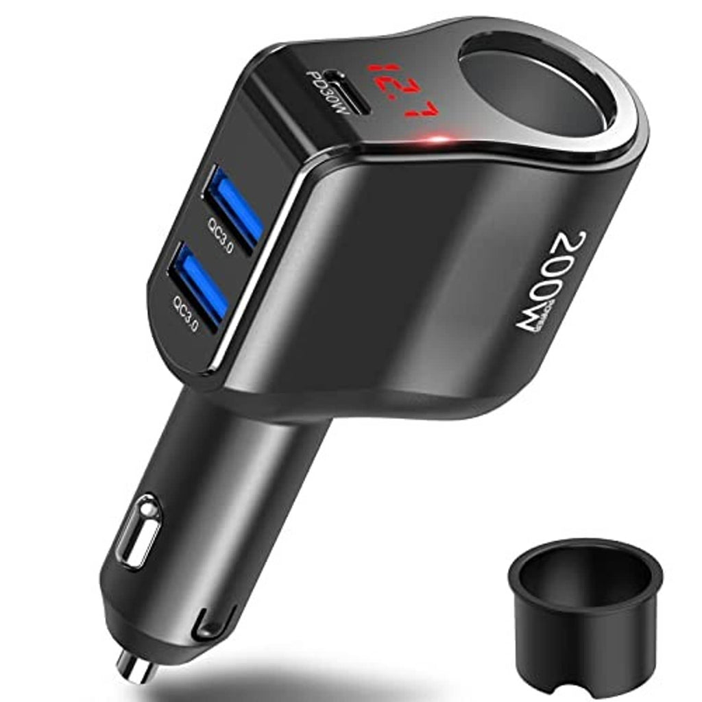 Black car charger splitter with dual USB ports, USB-C, and LED display; cigarette plug