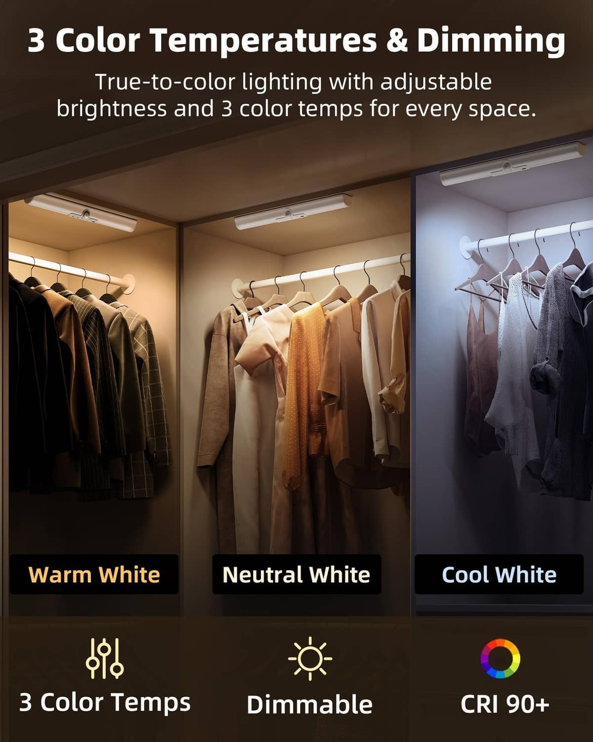 Slim LED motion sensor closet light bar with dimming and multiple color temperatures