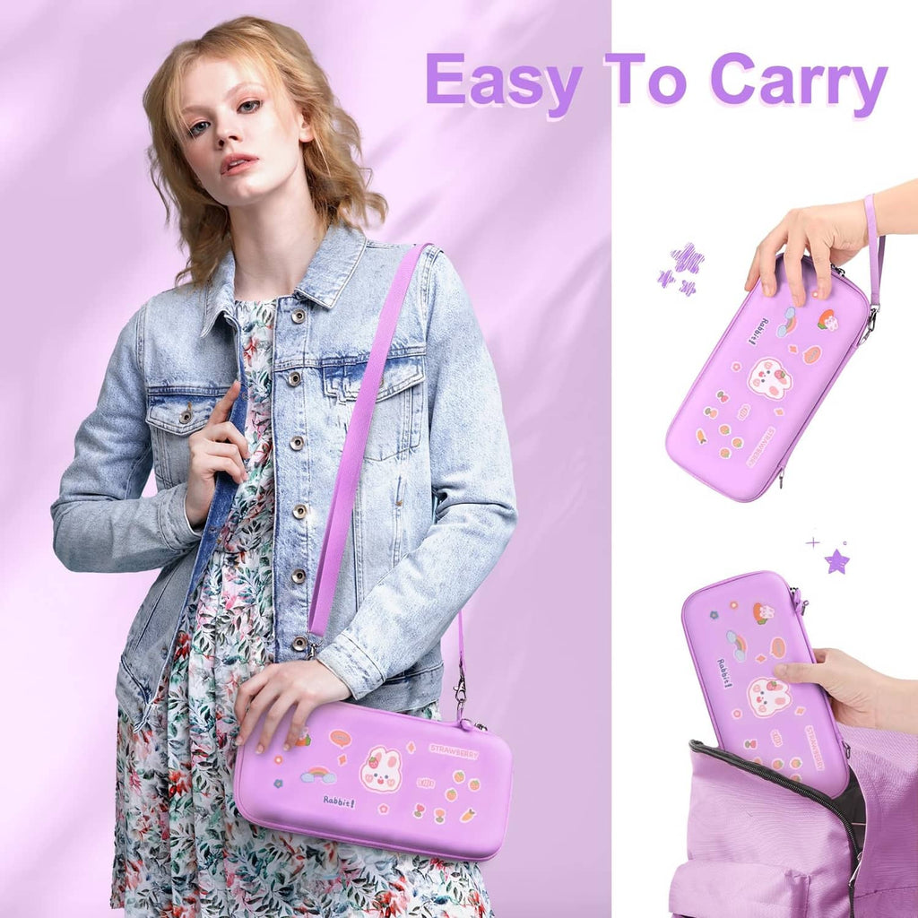 Purple Switch 2 crossbody case with cute graphics and detachable shoulder strap