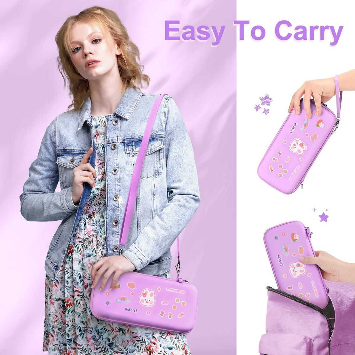 Purple Switch 2 crossbody case with cute graphics and detachable shoulder strap