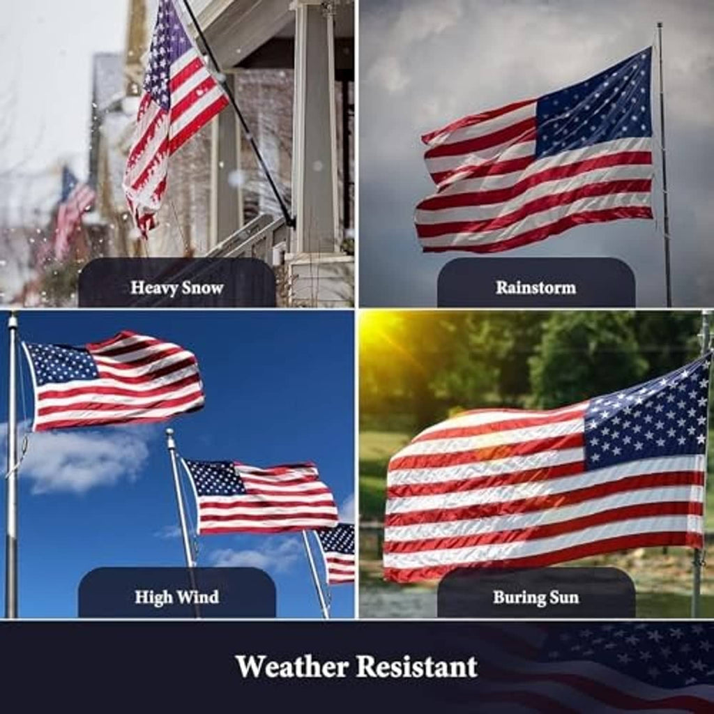Outdoor American flag on poles in different weather conditions