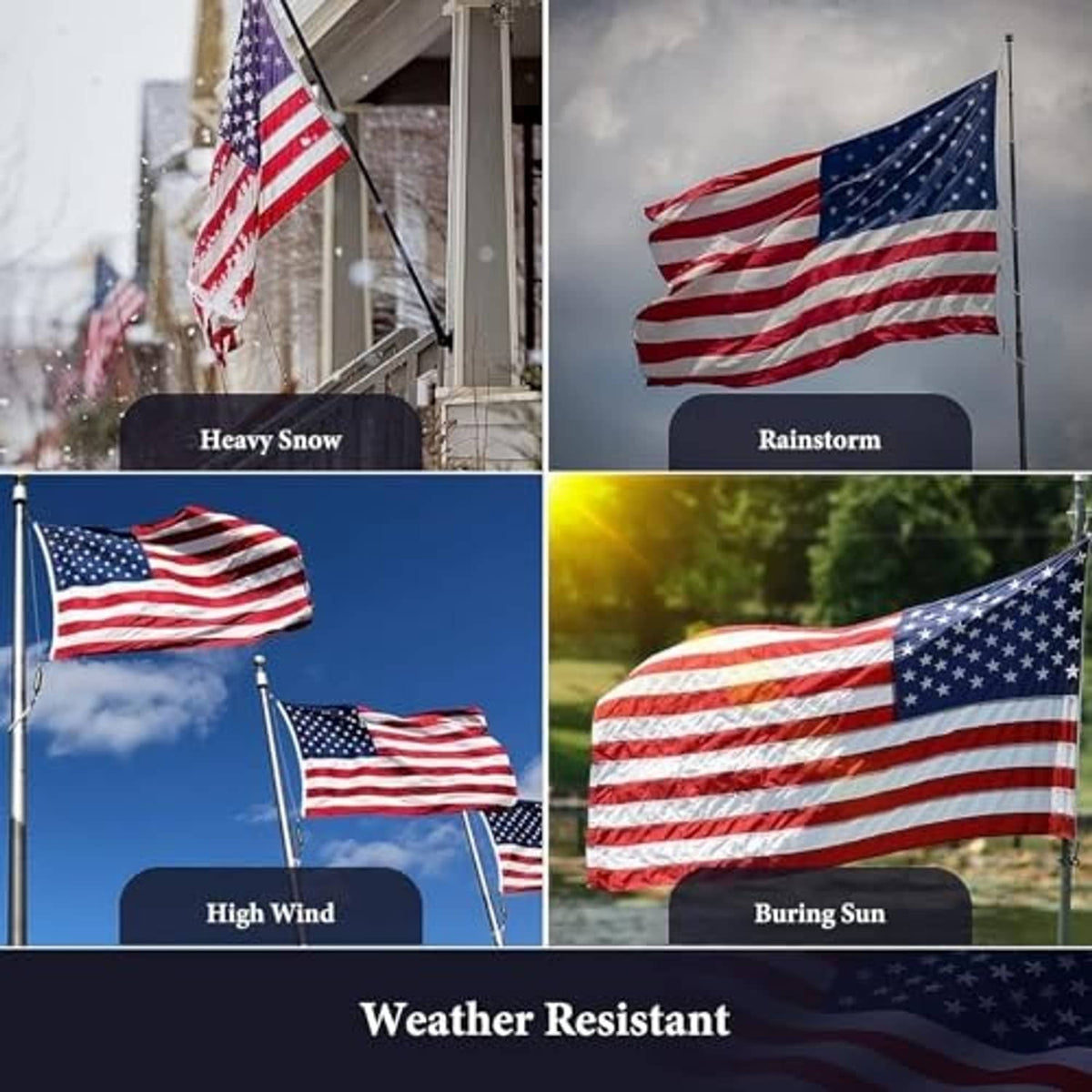 Outdoor American flag on poles in different weather conditions