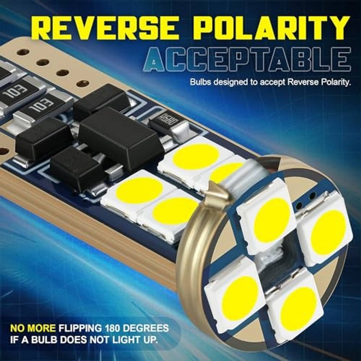 LED interior dome light bulbs designed for reverse polarity compatibility