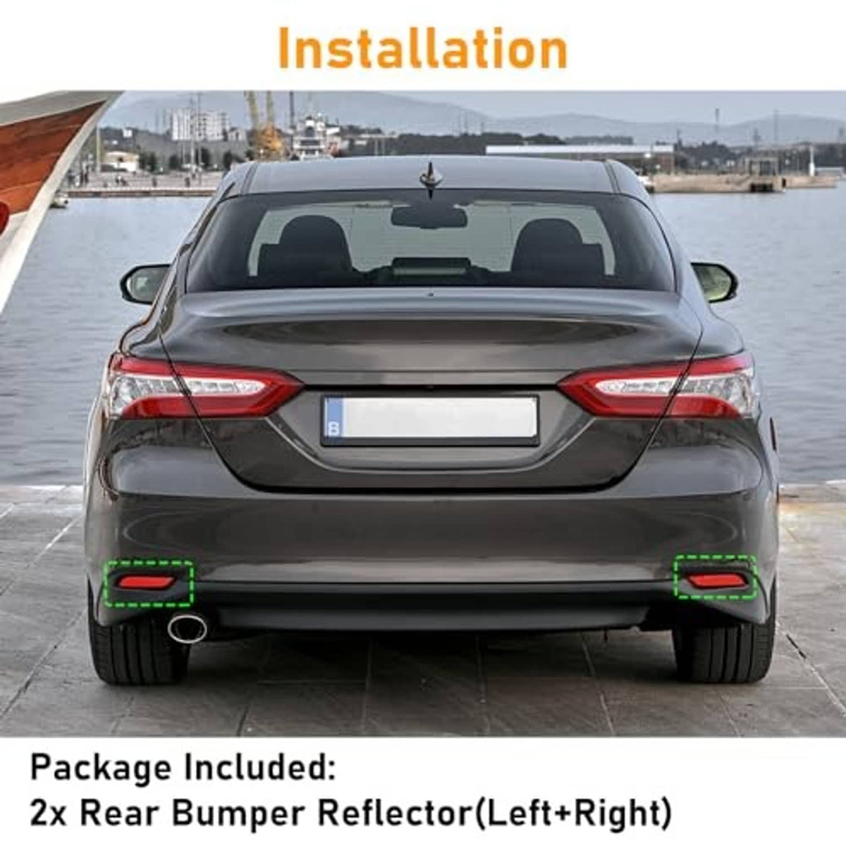 Pair of red rear bumper reflectors with black housings mounted on a car