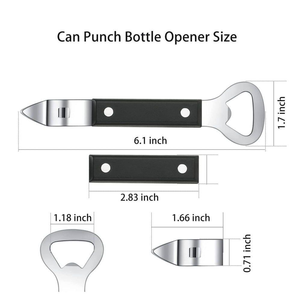 Black can punch bottle opener with stainless punch blade and bottle-cap cutout