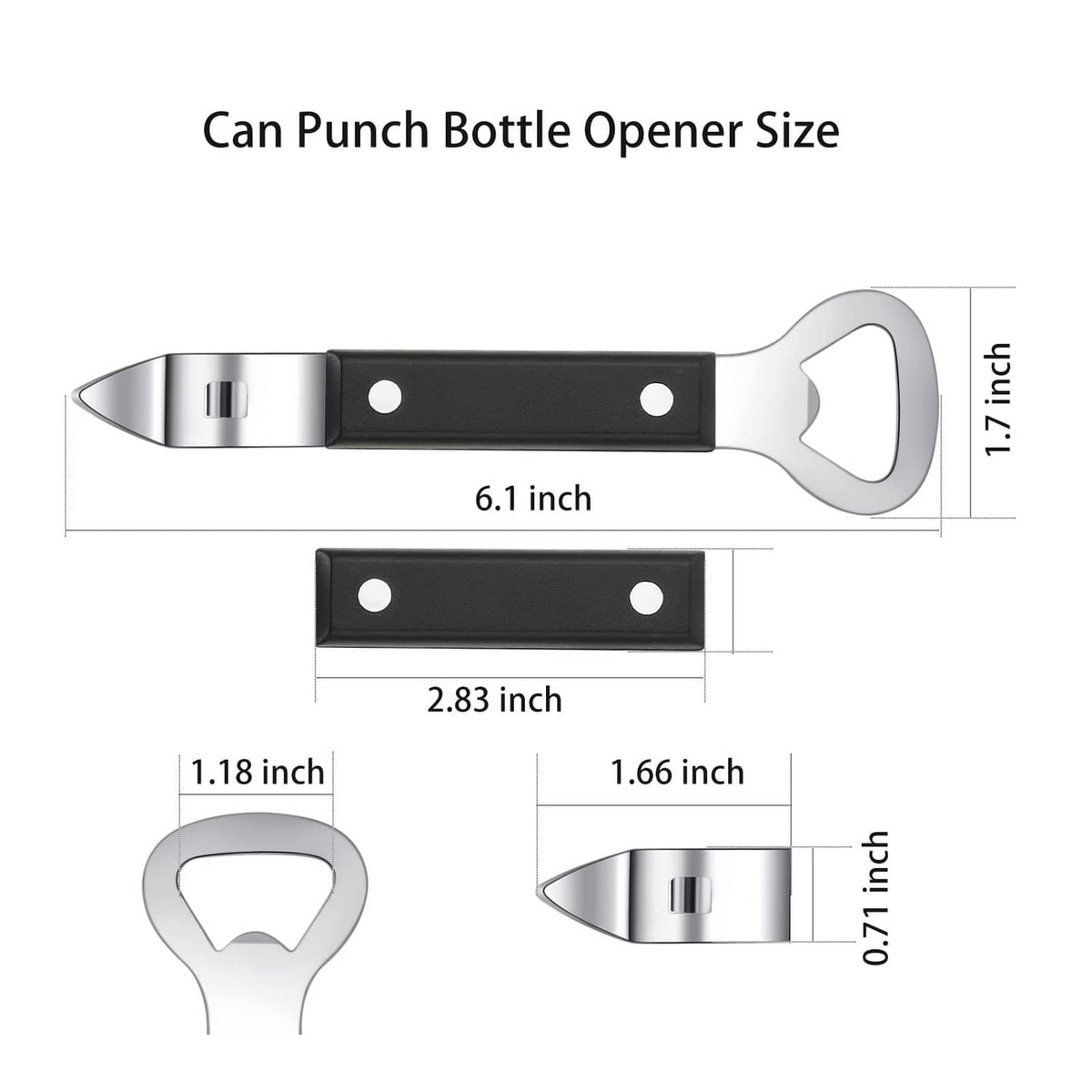 Black can punch bottle opener with stainless punch blade and bottle-cap cutout
