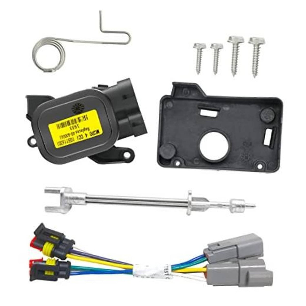 Throttle potentiometer conversion kit with wiring harness, screws, mounting plate, metal rod