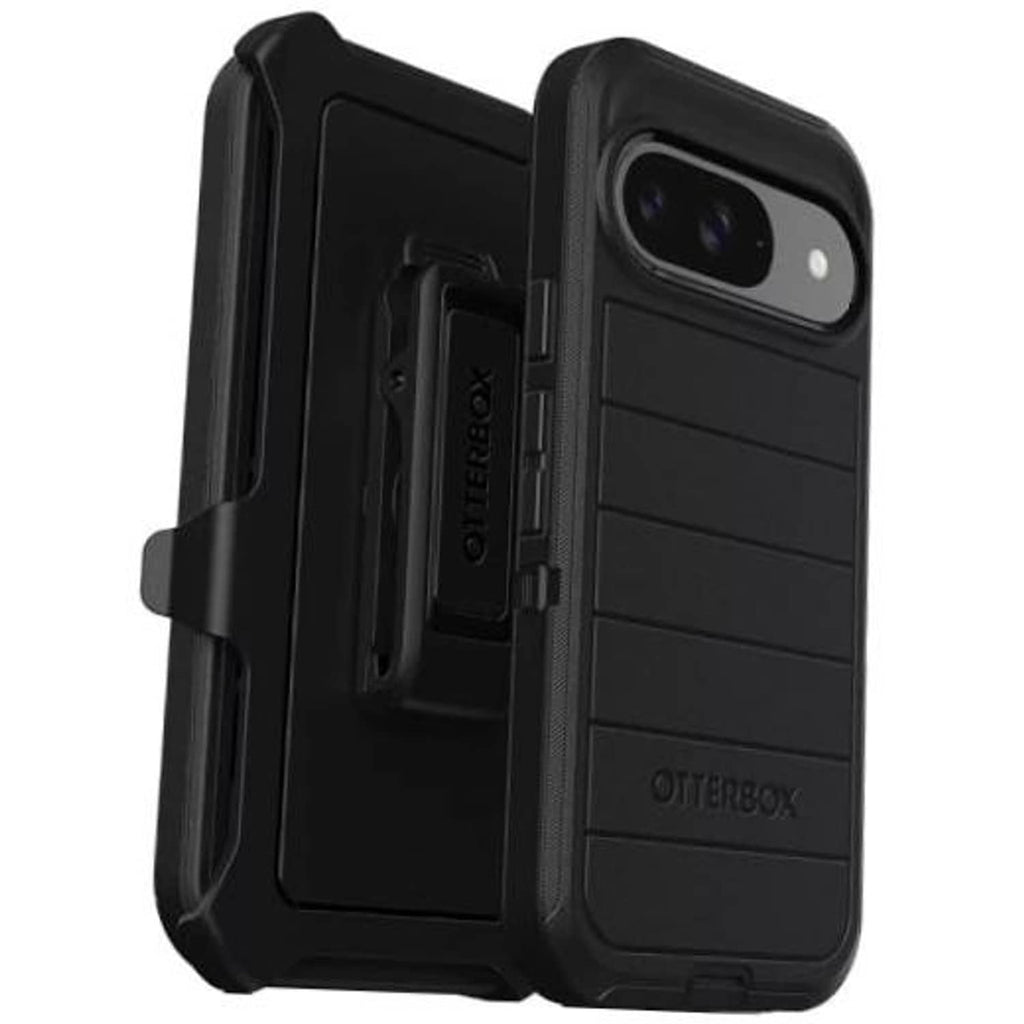 Rugged black Defender phone case with camera cutout and side port cover