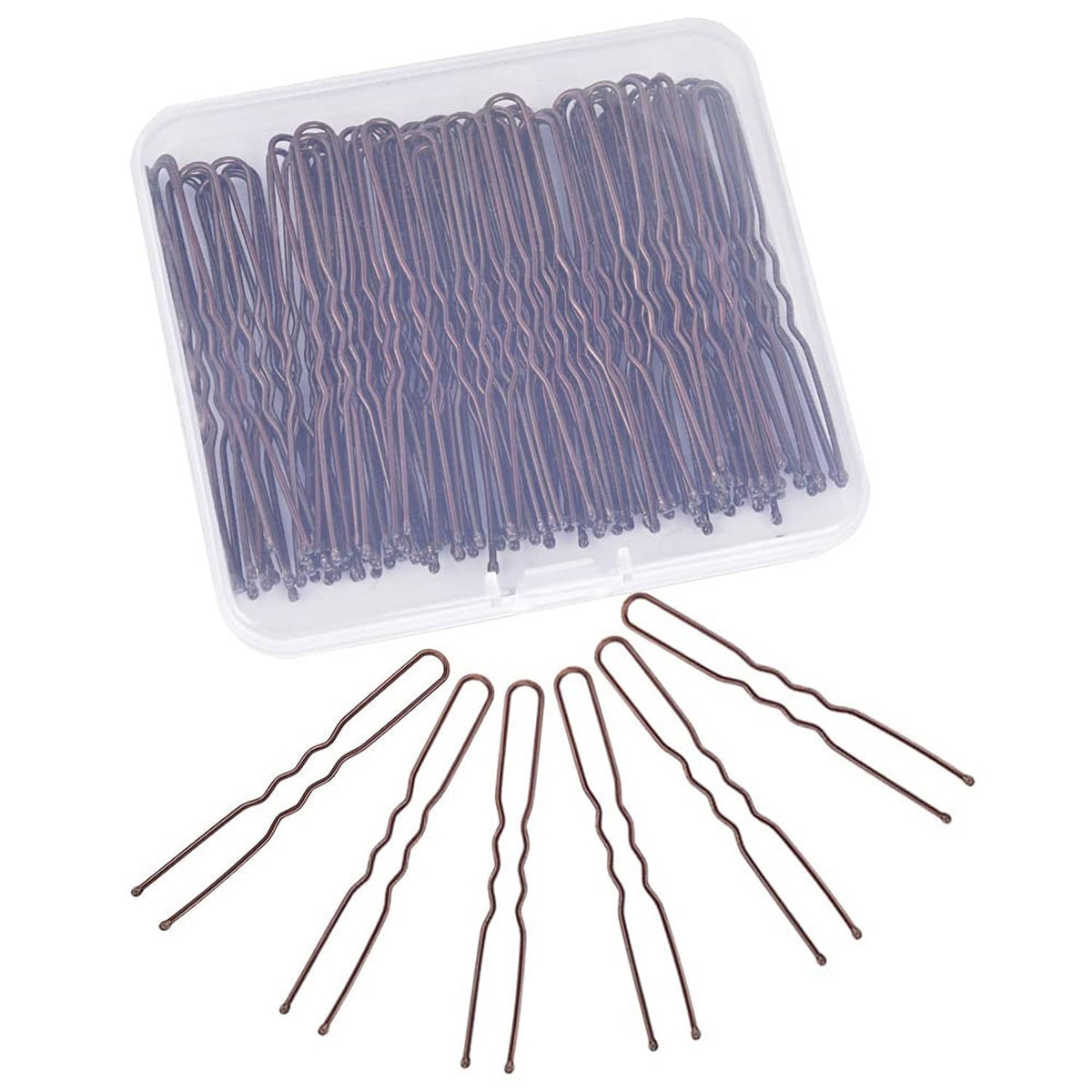 U-shaped hair pins in clear storage box, copper tone metal