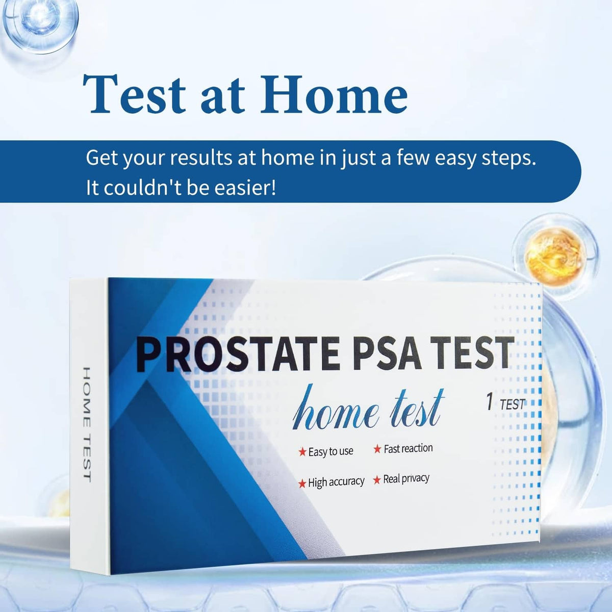 At-home prostate PSA test kit box with droplet vial and flexible tubing