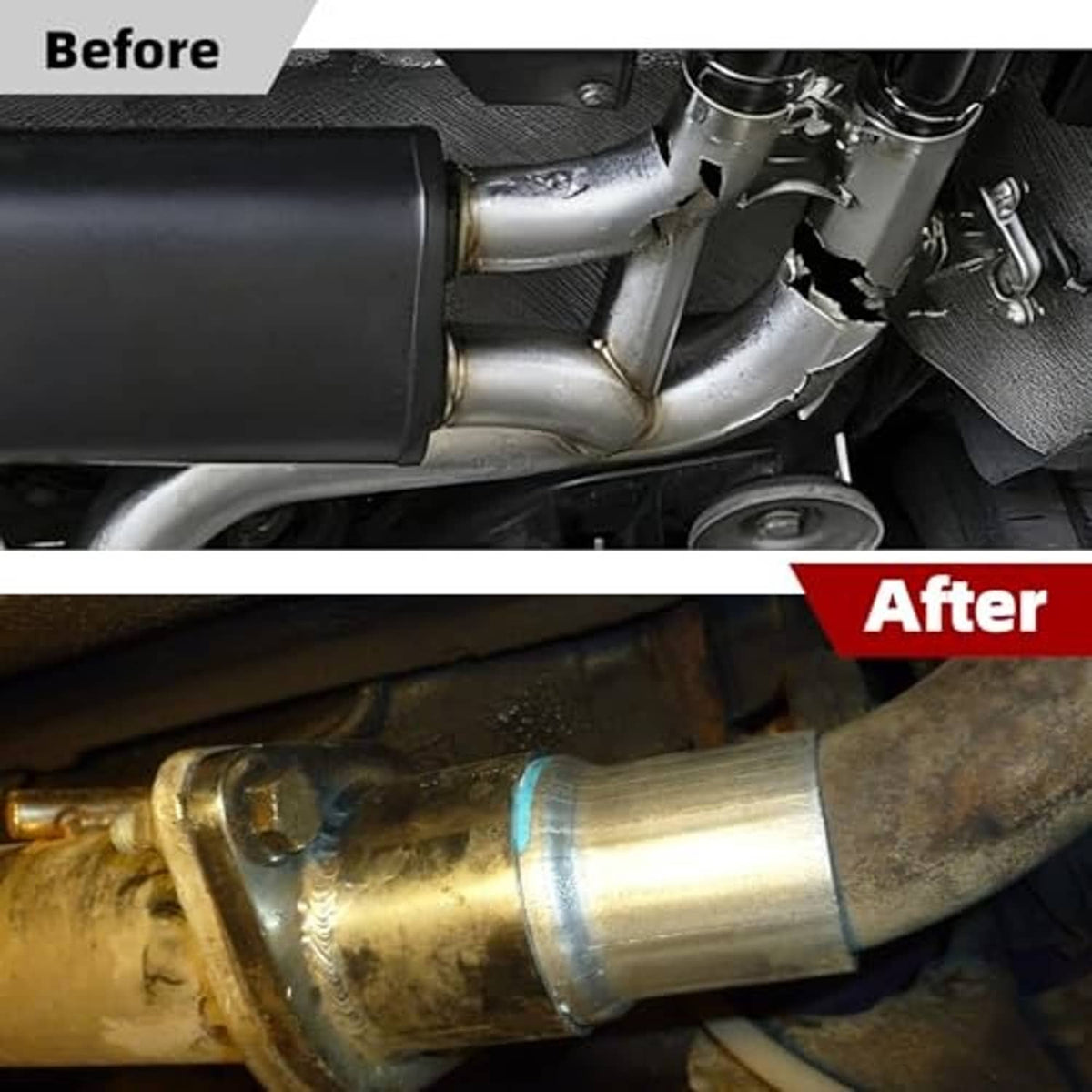 Installed stainless steel exhaust reducer adapter on vehicle exhaust piping