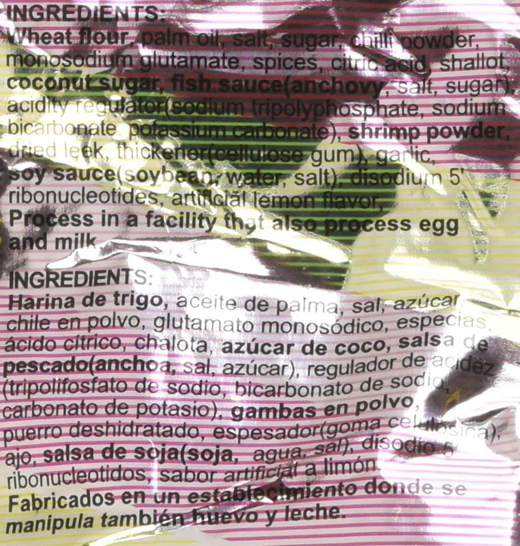 Instant ramen ingredients list on foil pouch with multilingual text