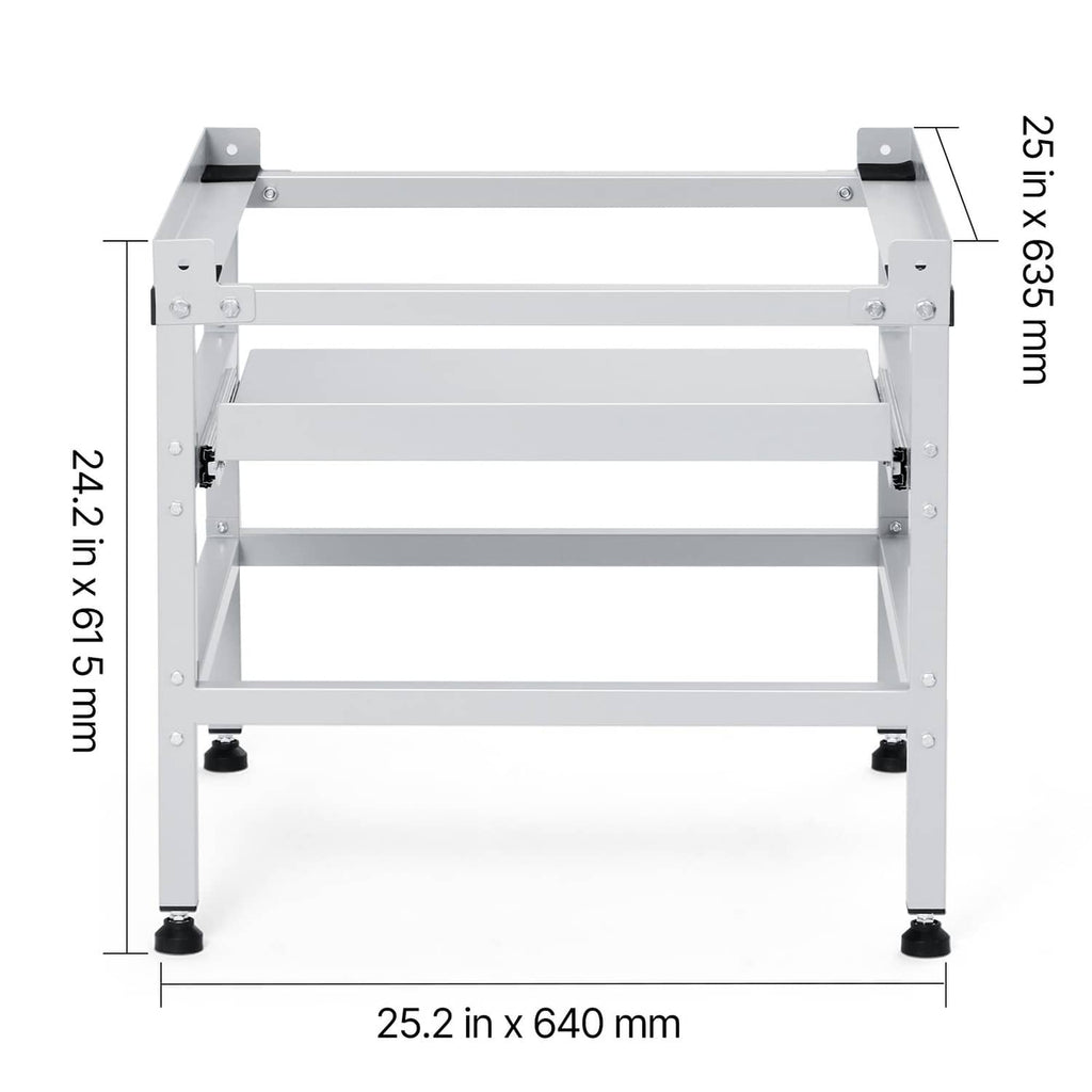 White laundry machine base frame with four adjustable legs and measurement labels