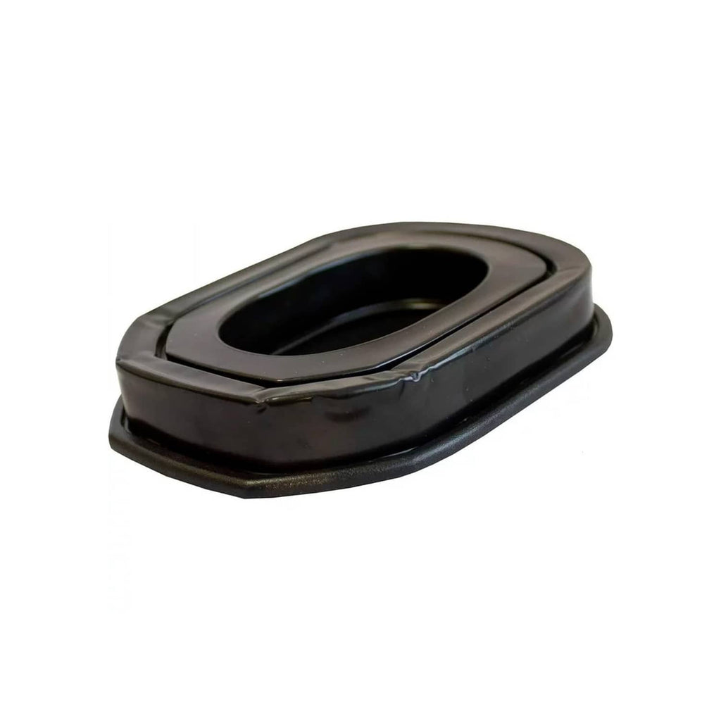 Black gel-filled ear pad side view with oval opening in shiny frame