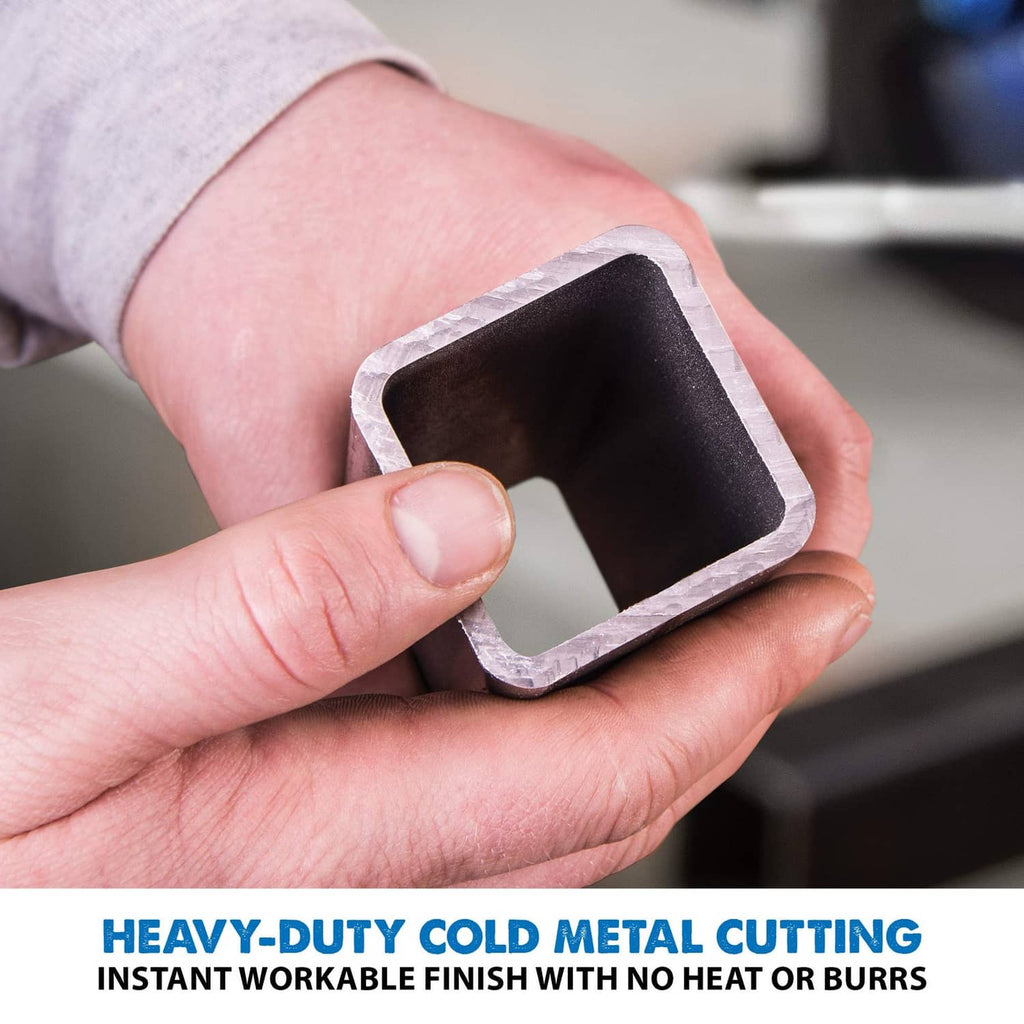 Hands holding a cut dark metal channel section with smooth finished edges