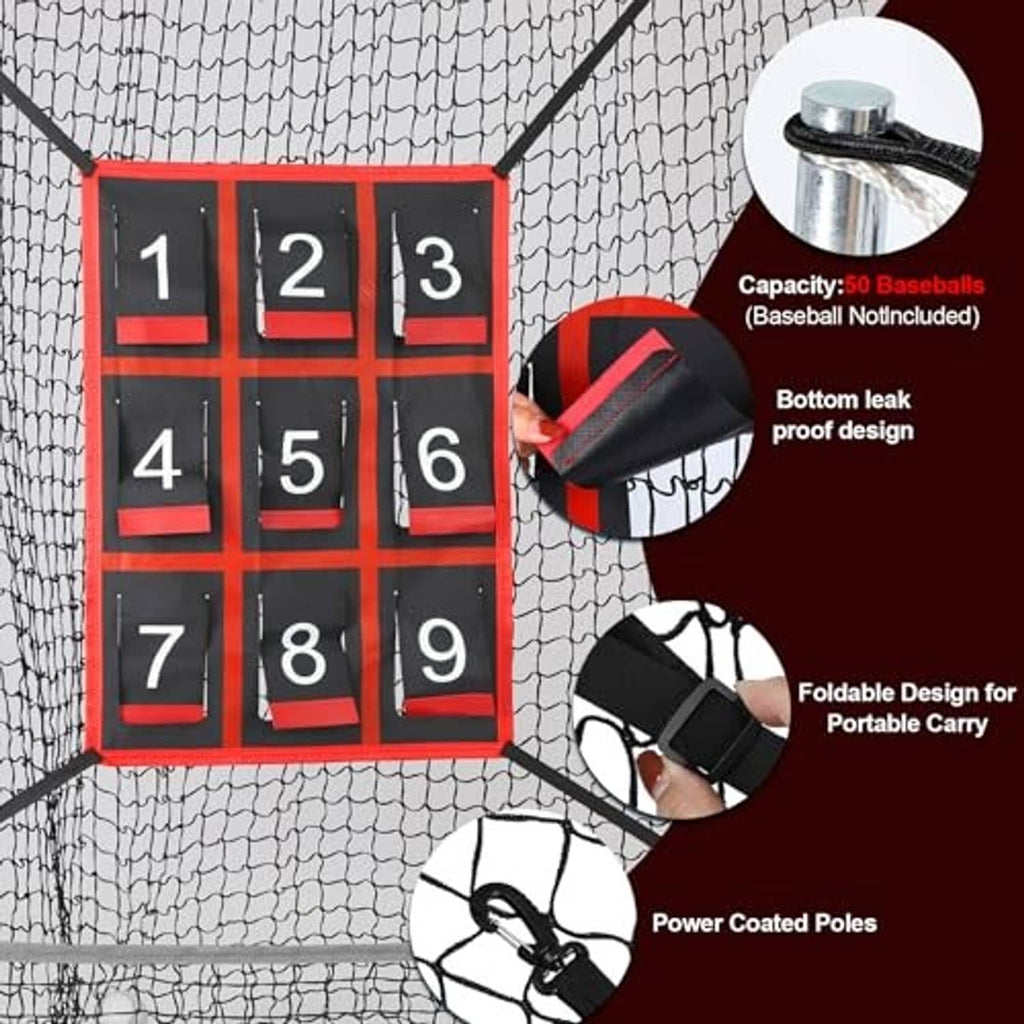 Red-and-black 1–9 strike zone target inside mesh net with pitching strike pad