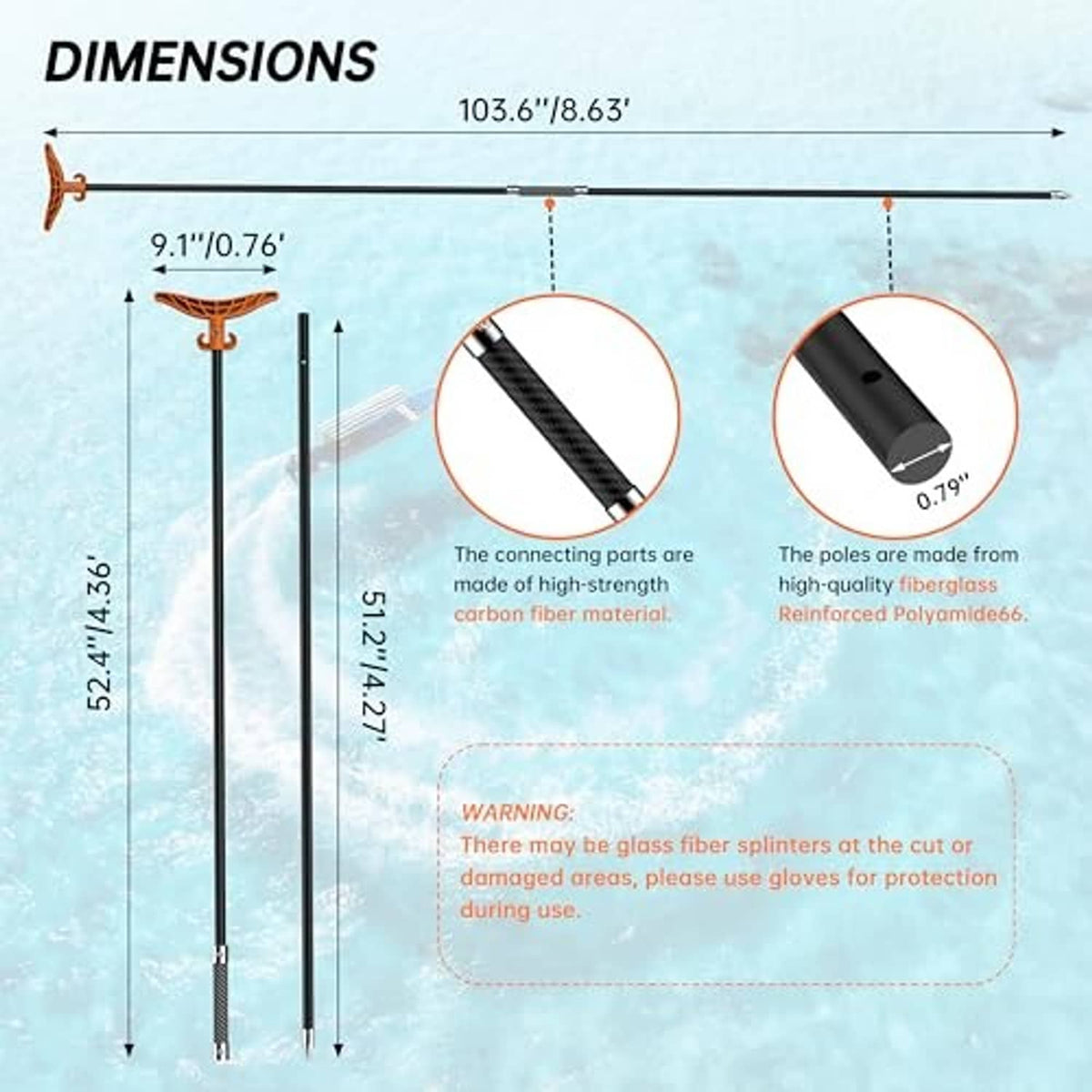 Shallow water anchor pole with T-handle showing dimensions and cutaway details