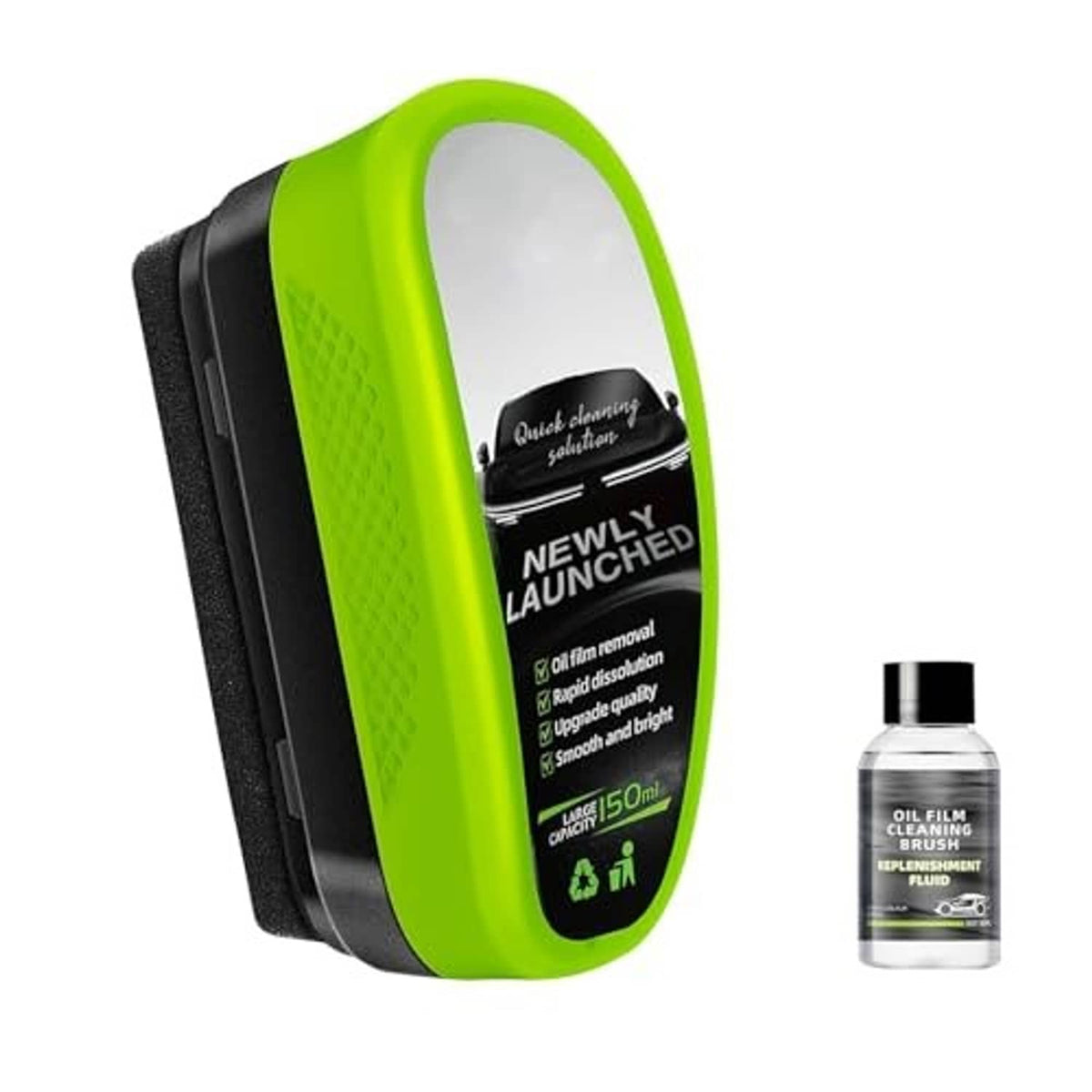 Green handheld window cleaning brush with black pad and small refill bottle