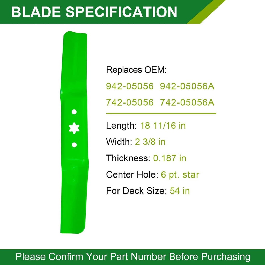 Green mower blade with center hole pattern; for 54 in mower deck size