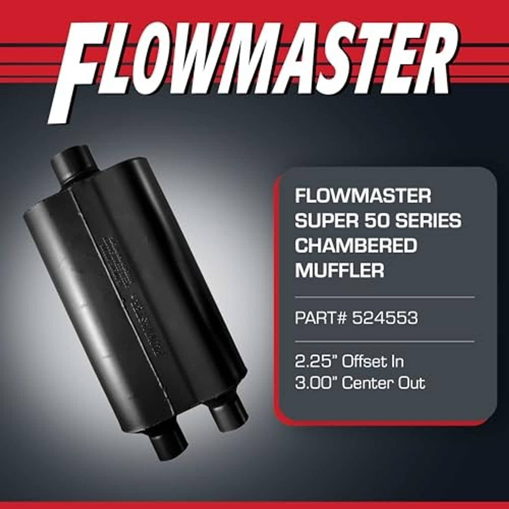 Flowmaster Super 50 chambered muffler, black finish shown at an angle