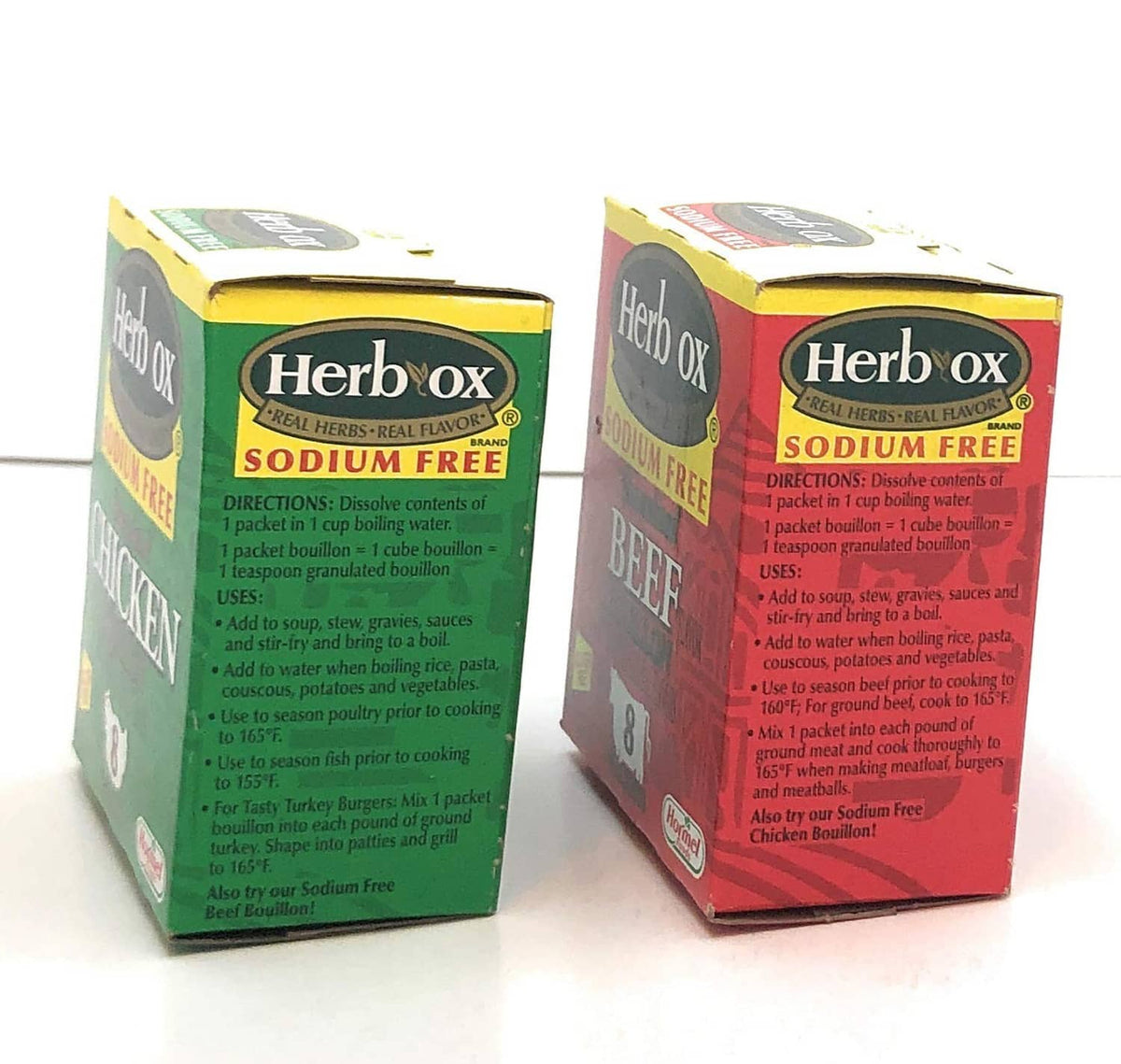Sodium-free bouillon box sides showing Herb-Ox label for chicken (green) and beef (red)
