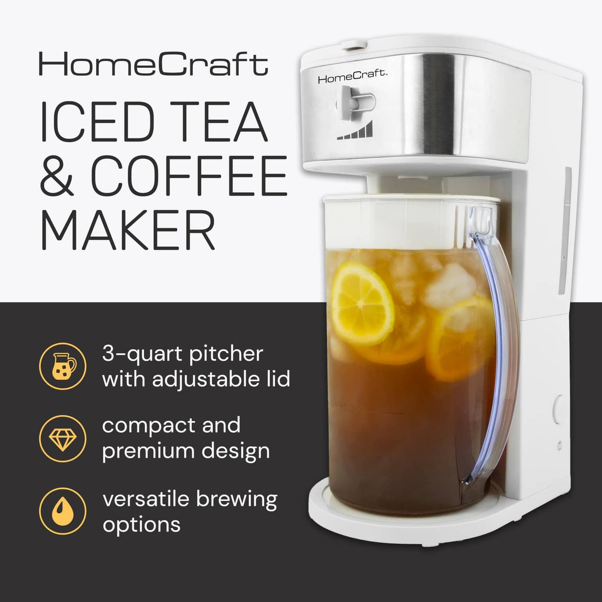 White and stainless steel iced tea and coffee maker with clear pitcher filled with iced tea