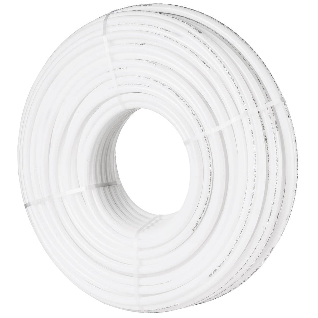 White PEX-B pipe tubing coil with clear outer print along the length