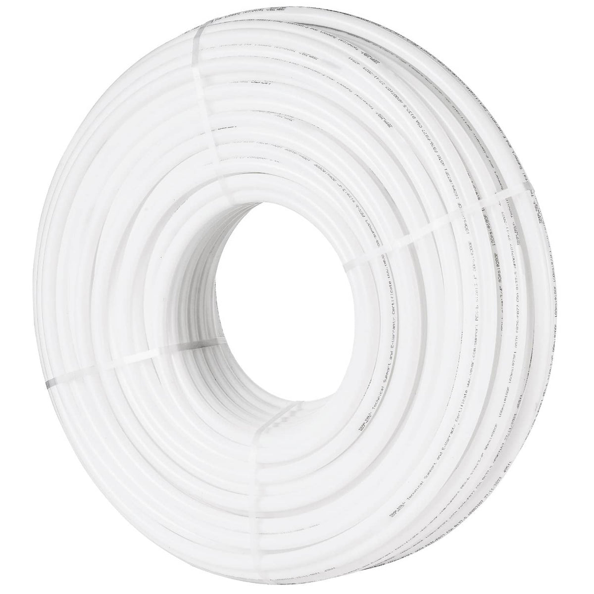White PEX-B pipe tubing coil with clear outer print along the length