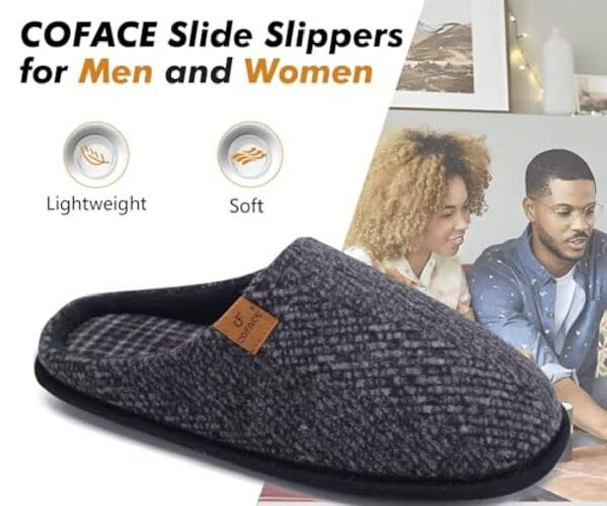 Slide slippers on feet, dark heather knit with black sole and plaid lining