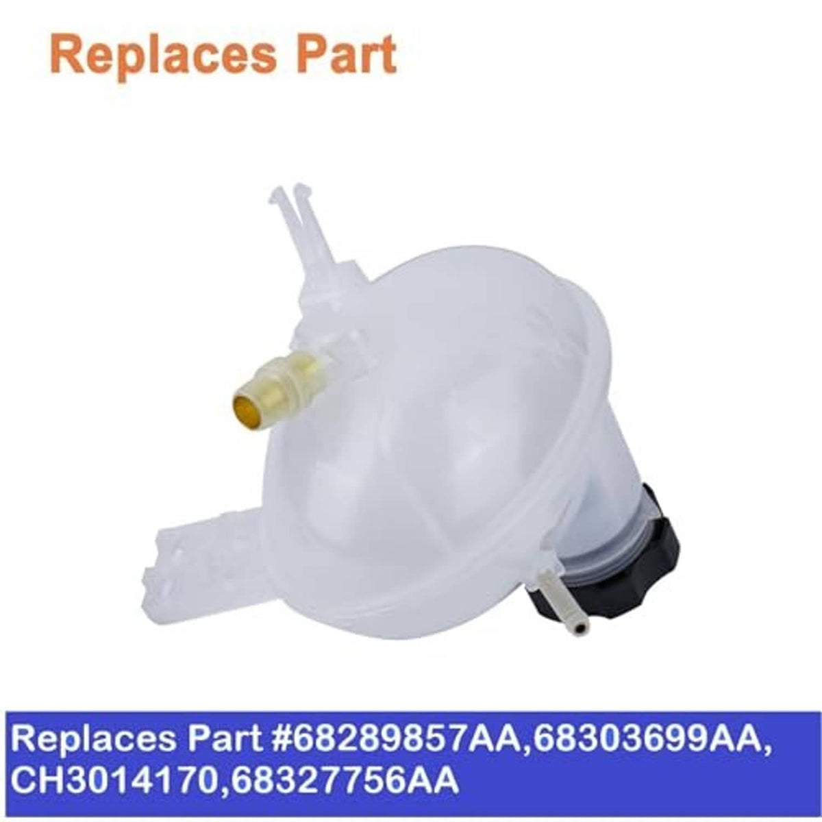 White translucent coolant reservoir tank with black cap, outlet nipple, and bracket tabs