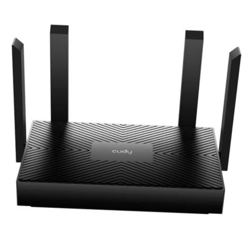 Black dual-band Wi‑Fi 6 router with four upright antennas and patterned top panel.