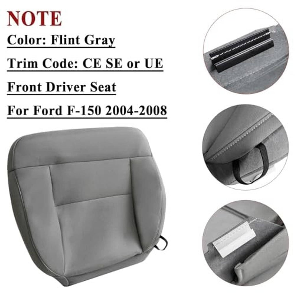 Flint gray front driver seat cushion cover with zippers and stitched seams