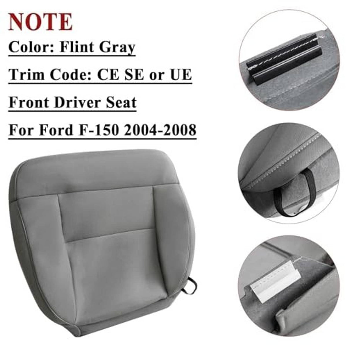 Flint gray front driver seat cushion cover with zippers and stitched seams