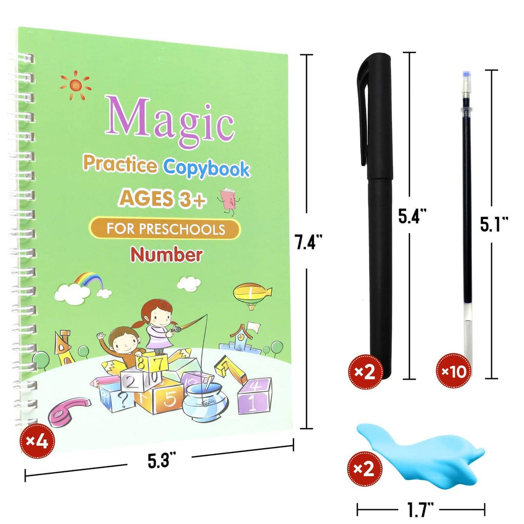 Spiral-bound kids' number practice copybook with green cover and preschool activities