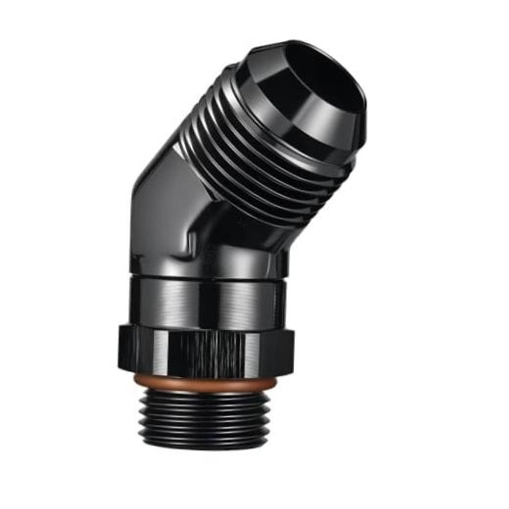45-degree AN ORB male swivel adapter fitting, black finish with silver threaded ends