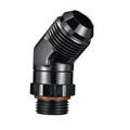 45-degree AN ORB male swivel adapter fitting, black finish with silver threaded ends