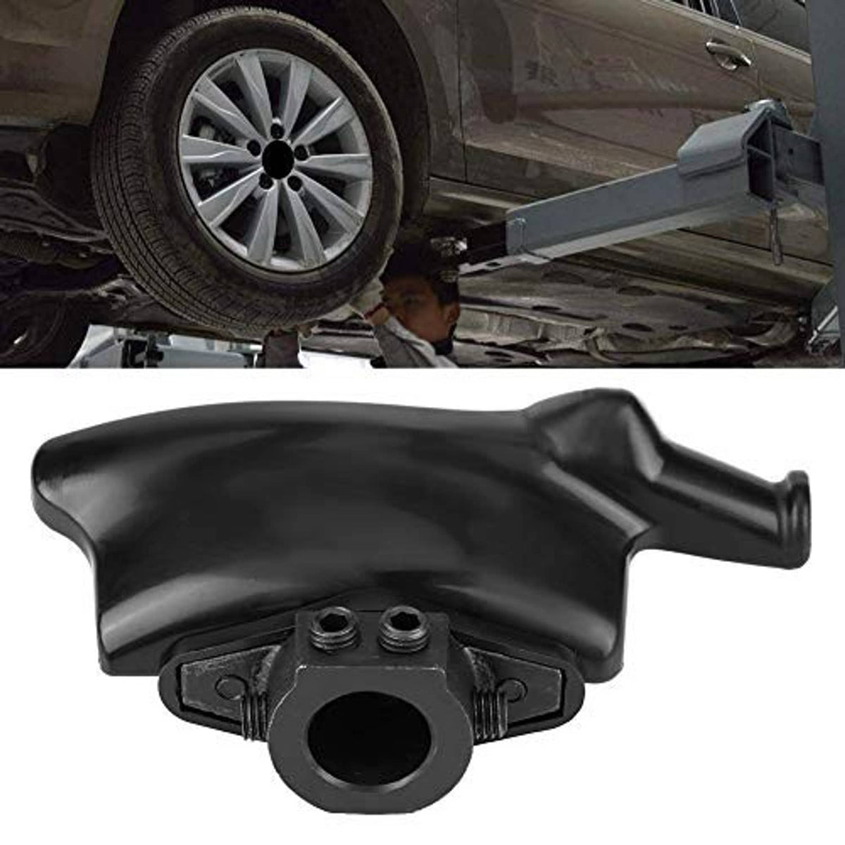 Black tire changer duck head with circular mounting opening and top handle