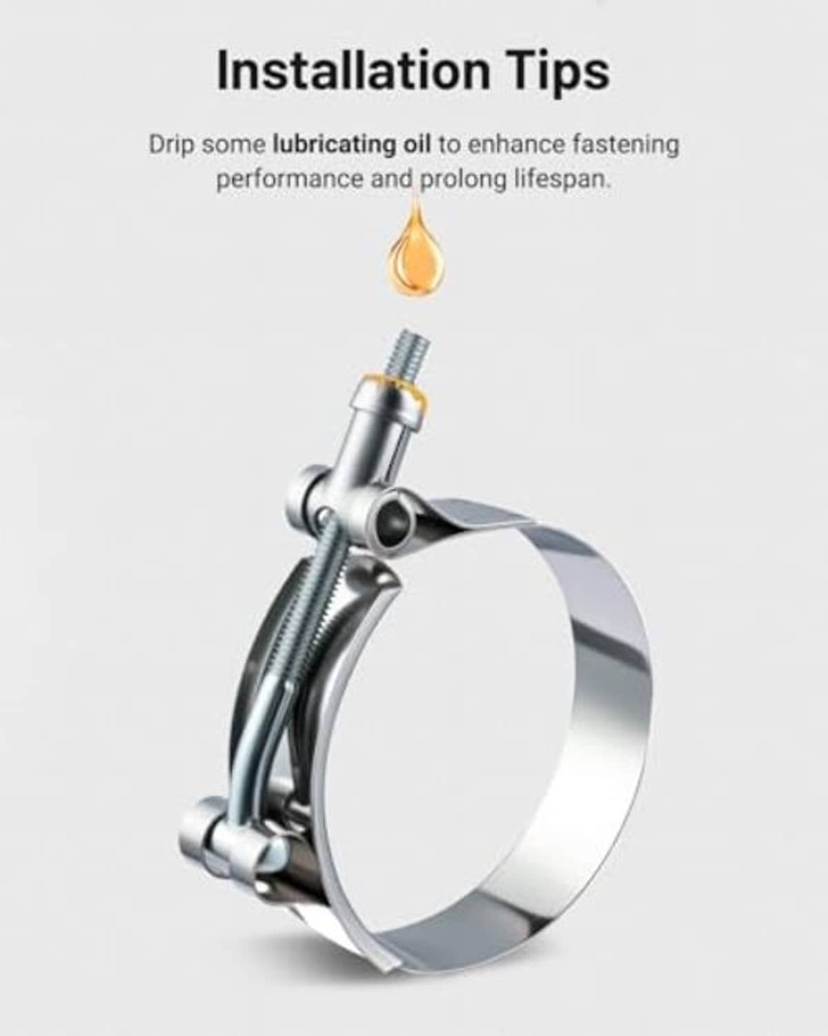 Stainless steel T-bolt hose clamp with T-bolt screw and band insert for installation