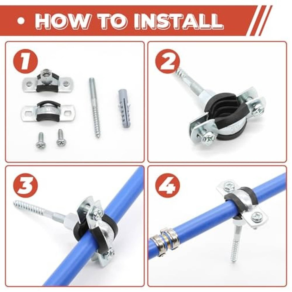 Pipe clamp installation on blue pipe using black rubber split ring and metal bracket