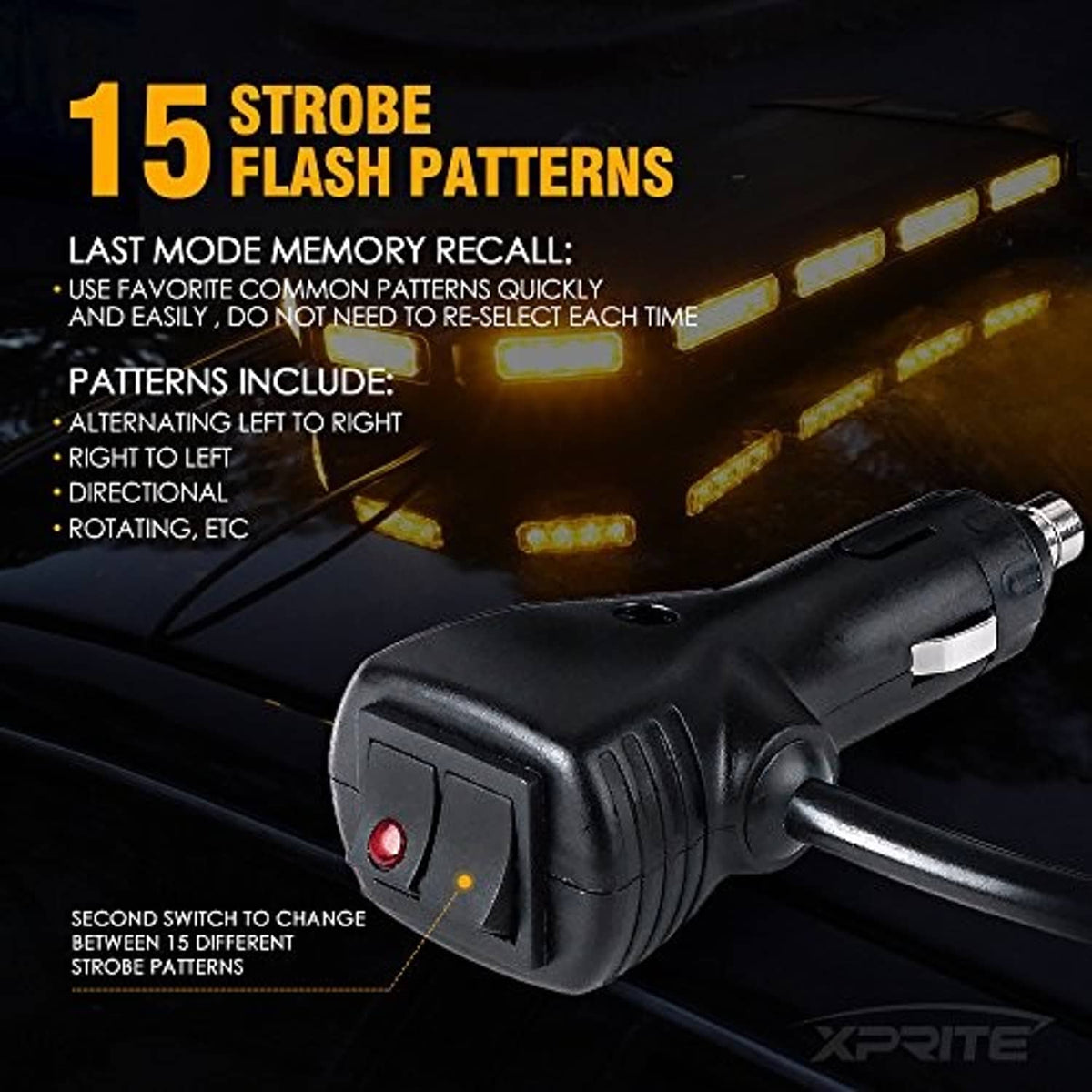 Amber LED strobe light bar with plug-in cable and black remote controller