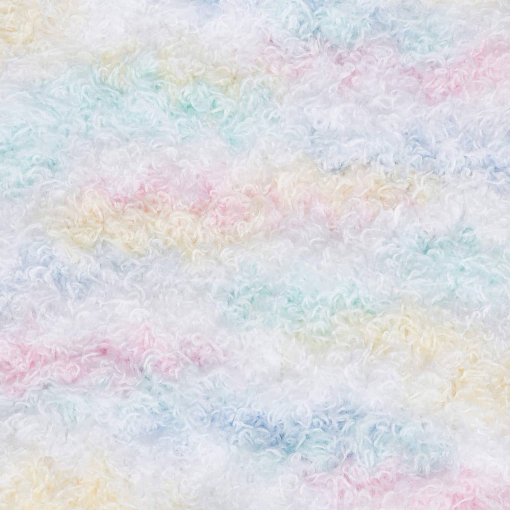 Pastel fuzzy yarn strand texture with soft blue, pink, and pale yellow gradients