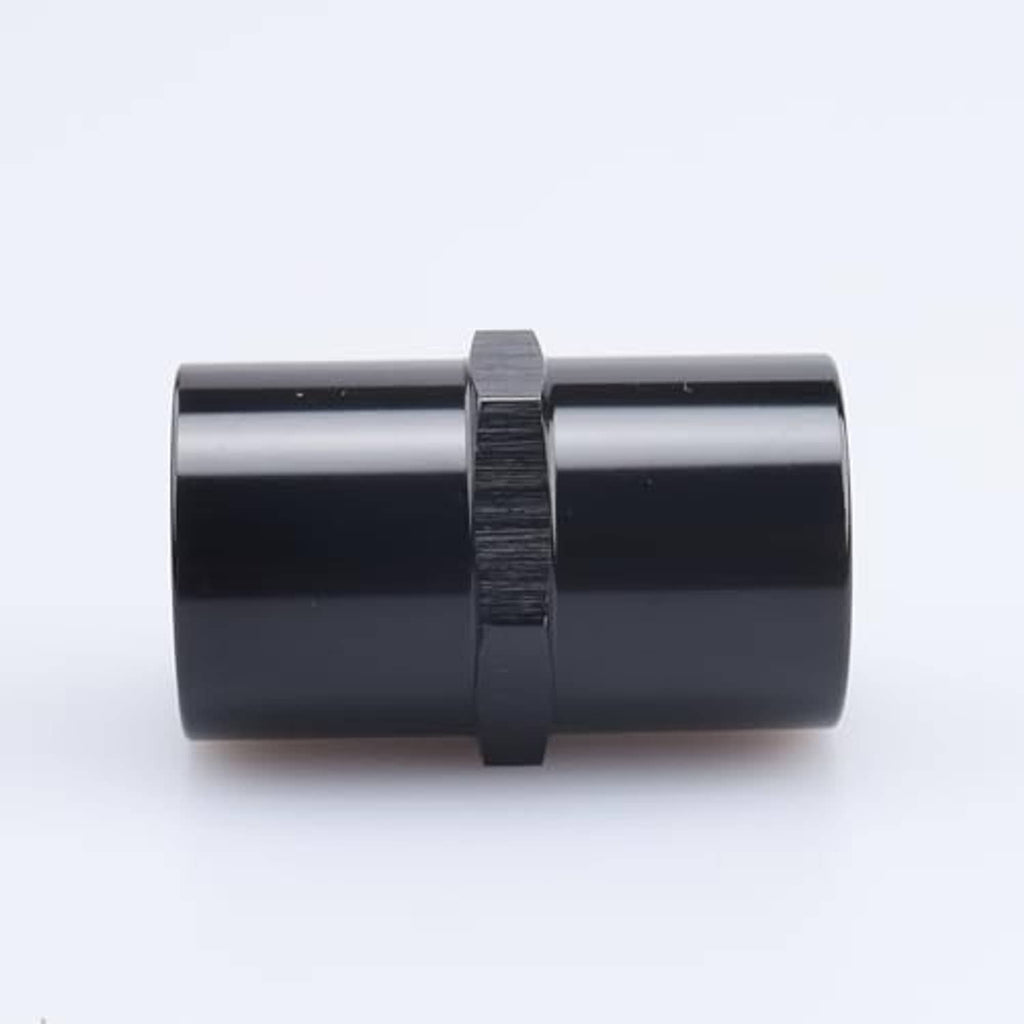 Black aluminum 1/4 in NPT female piping coupler, side profile view