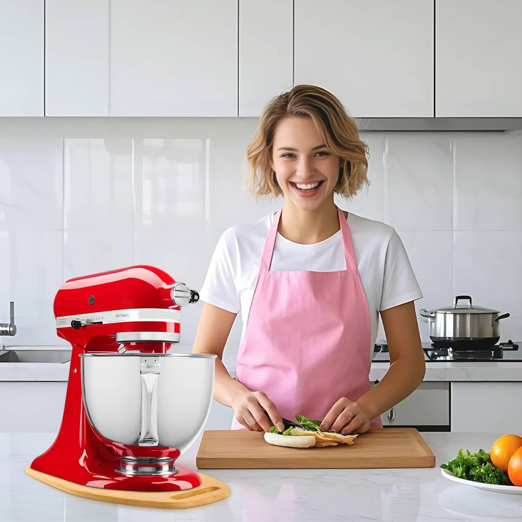 Natural bamboo mixer board with carry handle on kitchen counter beneath stand mixer